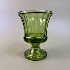 Vintage Avocado Green Pedestal Vase | Fluted Pressed Glass | Lenox Style